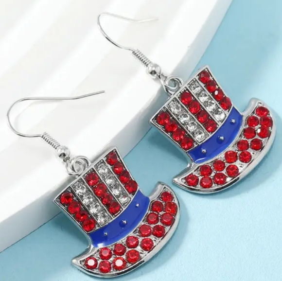 2/30$ Or 3/$35 Patriotic Red, Blue, and Silver Top Hat Earrings (#085) - Picture 1 of 2